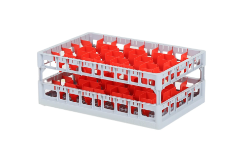 Clixrack Glass basket 600 x 400 mm gray - glass height max. 215 mm - with red 5 x 8 compartment division - maximum &Oslash; glass 66 mm - wide top frame