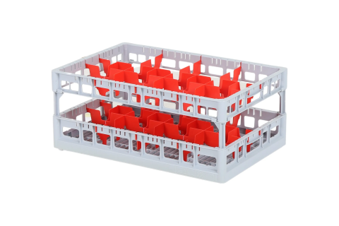Clixrack Glass basket 600 x 400 mm gray - glass height max. 230 mm - with red 2 x 4 compartment division - maximum &Oslash; glass 134mm&nbsp;