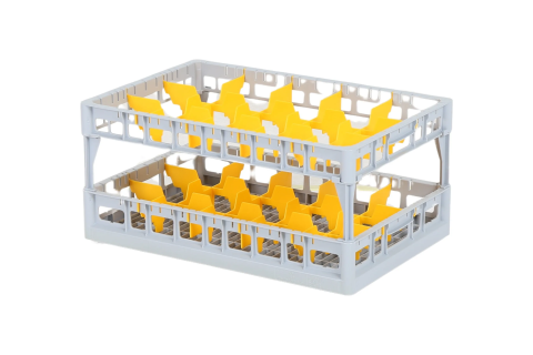 Clixrack Glass basket 600 x 400 mm gray - glass height max. 230 mm - with yellow 3 x 5 compartment division - maximum &Oslash; glass 110mm&nbsp;