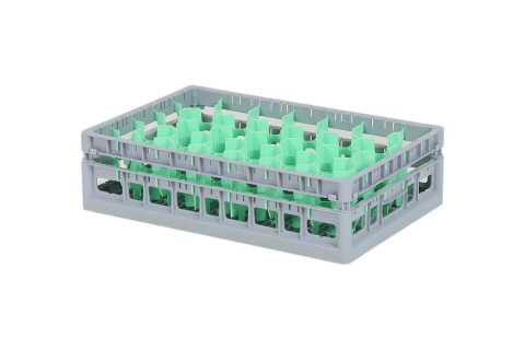 Clixrack casier &agrave; verres de 600 x 400 mm - hauteur maximale du verre 115 mm &ndash; Avec une cloison verte de 33 compartiments &nbsp;&ndash; &Oslash; de verre maximal 77 mm&nbsp;