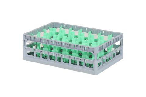 Clixrack casier &agrave; verres de 600 x 400 mm - hauteur maximale du verre 140 mm &ndash; Avec une cloison verte de 33 compartiments &nbsp;&ndash; &Oslash; de verre maximal 77 mm&nbsp;