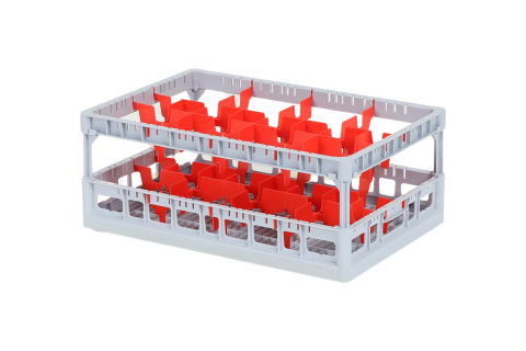 Clixrack Glass basket 600 x 400 mm gray - glass height max. 200 mm - with red 2 x 4 compartment division - maximum &Oslash; glass 134mm&nbsp;