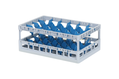 Clixrack Glass basket 600 x 400 mm gray - glass height max. 200 mm - with blue 4 x 6 compartment division - maximum &Oslash; glass 88 mm&nbsp;