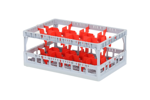 Clixrack Glass basket 600 x 400 mm gray - glass height max. 215 mm - with red 2 x 4 compartment division - maximum &Oslash; glass 134mm&nbsp;