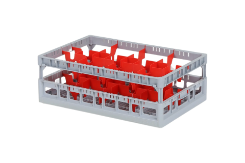 Clixrack Glass basket 600 x 400 mm gray - glass height max. 200 mm - with red 2 x 4 compartment division - maximum &Oslash; glass 134mm&nbsp;
