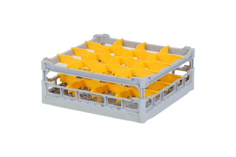 Casier &agrave; verres de 500x500mm - hauteur de verre maximale 135 mm - avec s&eacute;paration jaune en 4x4 compartiments - diam&egrave;tre de verre maximal 113mm
