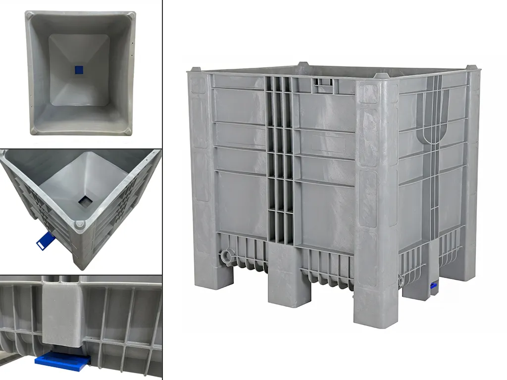 CB3 High plastic palletbox - 1200 x 1000 mm - with funnel base and slide valve - on 7 feet