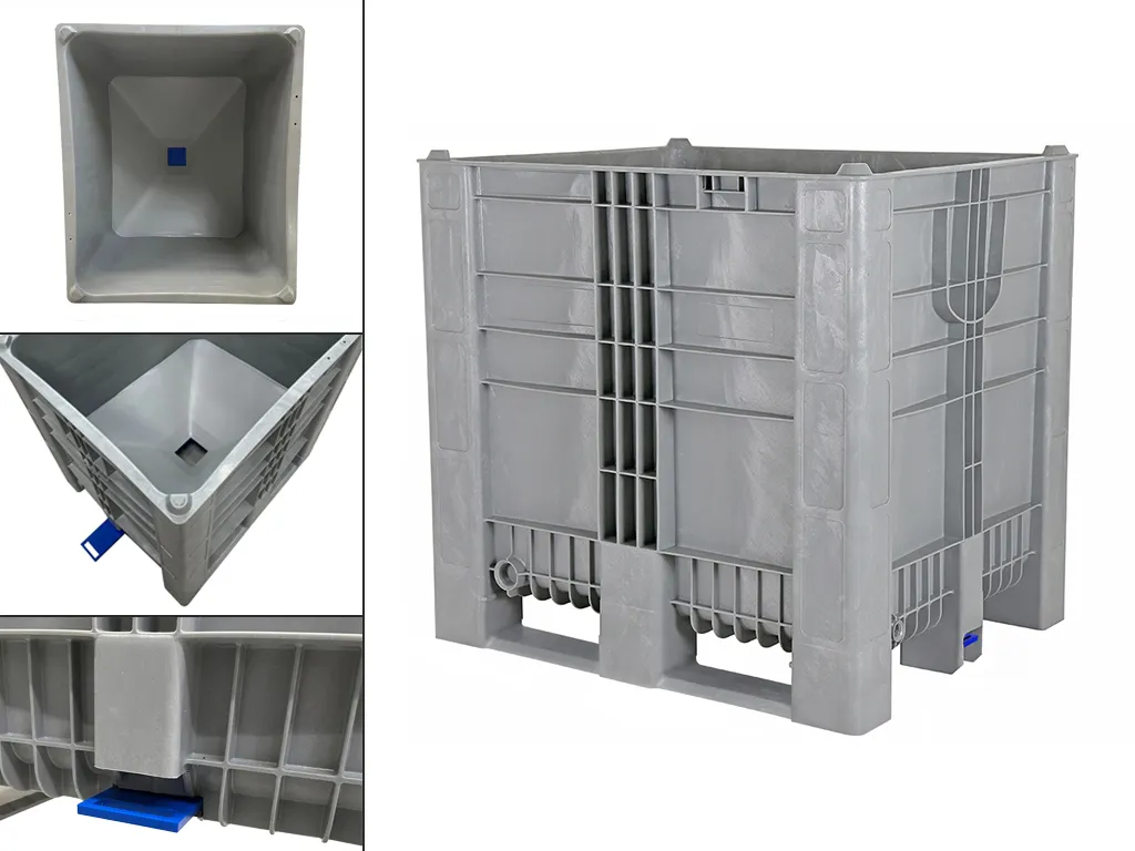 CB3 High plastic palletbox - 1200 x 1000 mm - with funnel base and slide valve - on 2 skids