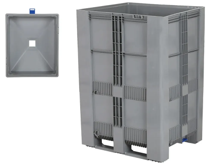 Trichterboden-Palettenbox SB3 TRIO - 1200 x 1000 mm - 1500 Liter - mit Absperrschieber 120 mm - auf 2 Palettenkufen und 1 Fu&szlig; - randstapelbar - grau