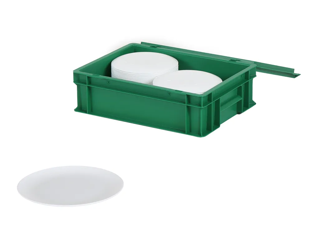 Set of lidded bin measuring 400x300xH133mm in green with 70 reusable Ø180 mm white plates