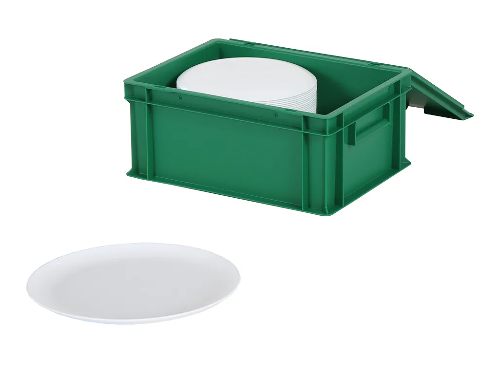 Set of lidded bin measuring 400x300xH190mm in green with 48 reusable Ø240 mm white plates