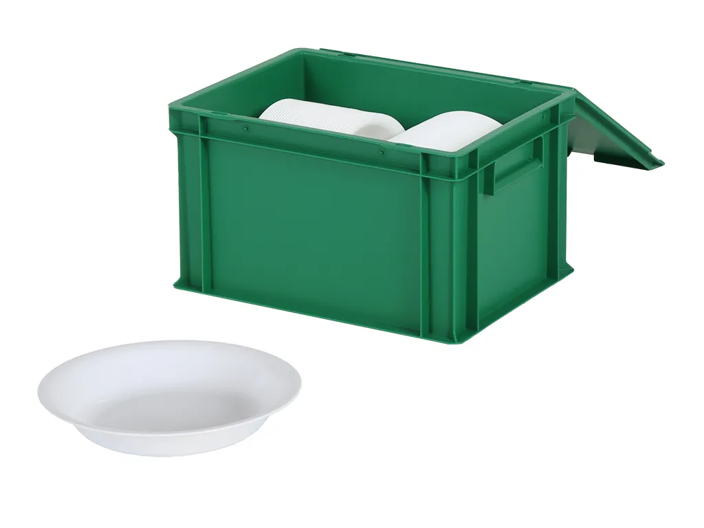 Set of lidded bin measuring 400x300xH250mm in green with 100 reusable Ø200 mm white soup plates
