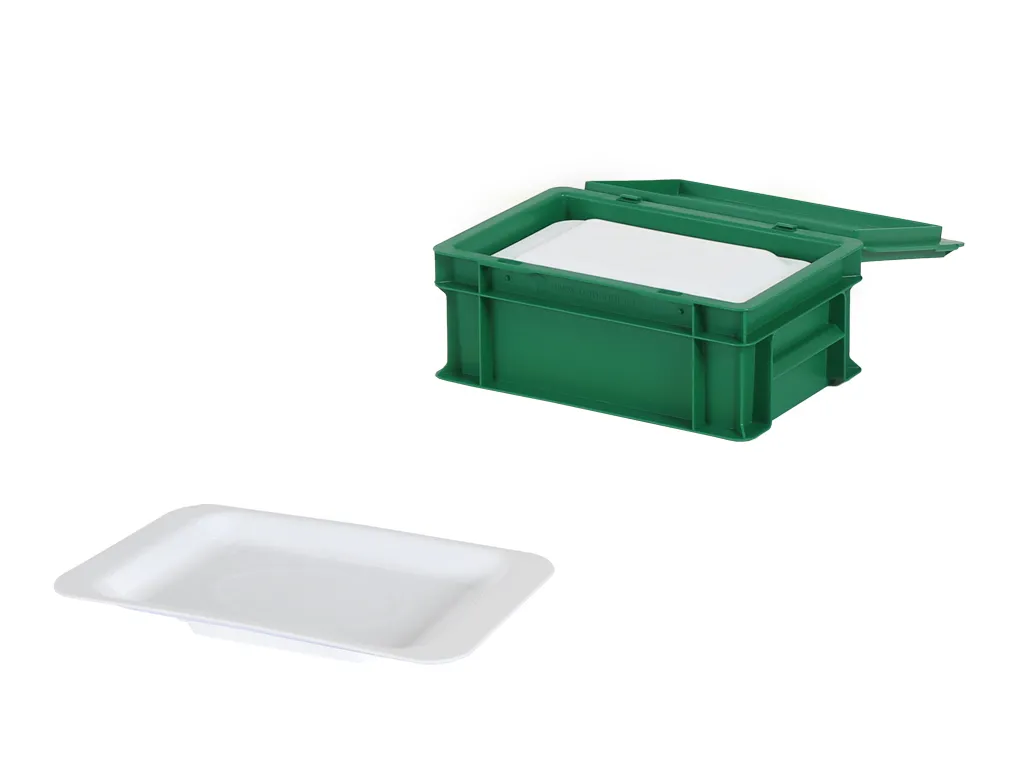 Set of lidded bin measuring 300x200xH133mm in green with 40 reusable white snack plates 248x153mm