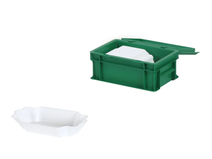 Set van dekselbak 300x200xH133mm kleur groen met 40 herbruikbare patatbakken 200x110mm