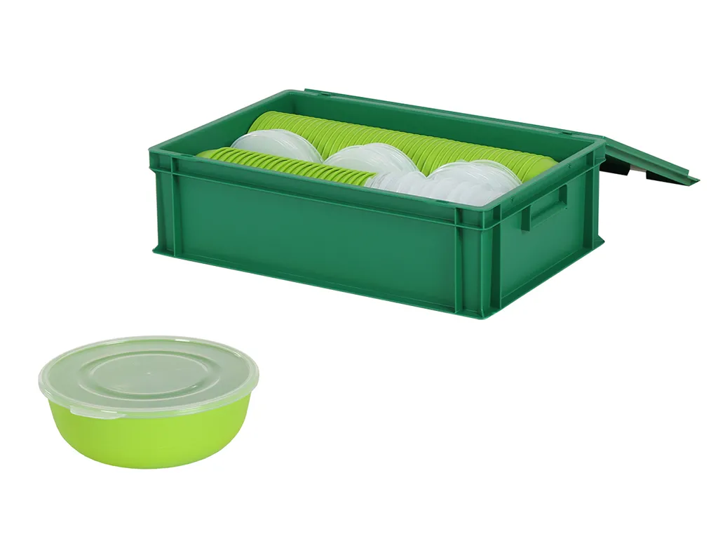 Set of lidded bin measuring 600x400xH185mm in green with 66 reusable bowls 0,6 liter Ø160xH55mm with lid