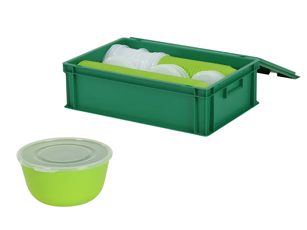 Set of lidded bin measuring 600x400xH185mm in green with 62 reusable bowls 0,9 liter Ø160xH78mm with lid