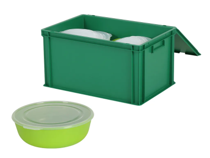 Set Deckelbeh&auml;lter 600x400xH335mm gr&uuml;n mit 50 Mehrweg Sch&uuml;sseln 1,3 Liter &Oslash;205xH65 mm mit Deckel