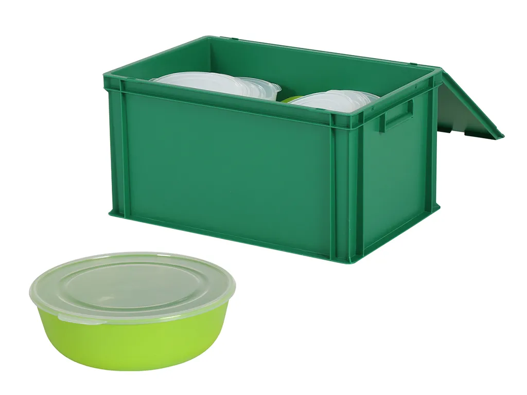Set of lidded bin measuring 600x400xH335mm in green with 50 reusable bowls 1,3 liter Ø205xH65mm with lid