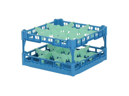 Gl&auml;serkorb 500x500mm blau &ndash; maximale Glash&ouml;he 240 mm &ndash; mit gr&uuml;ner 3 x 3 Facheinteilung &ndash; maximales &Oslash; Glas 149mm