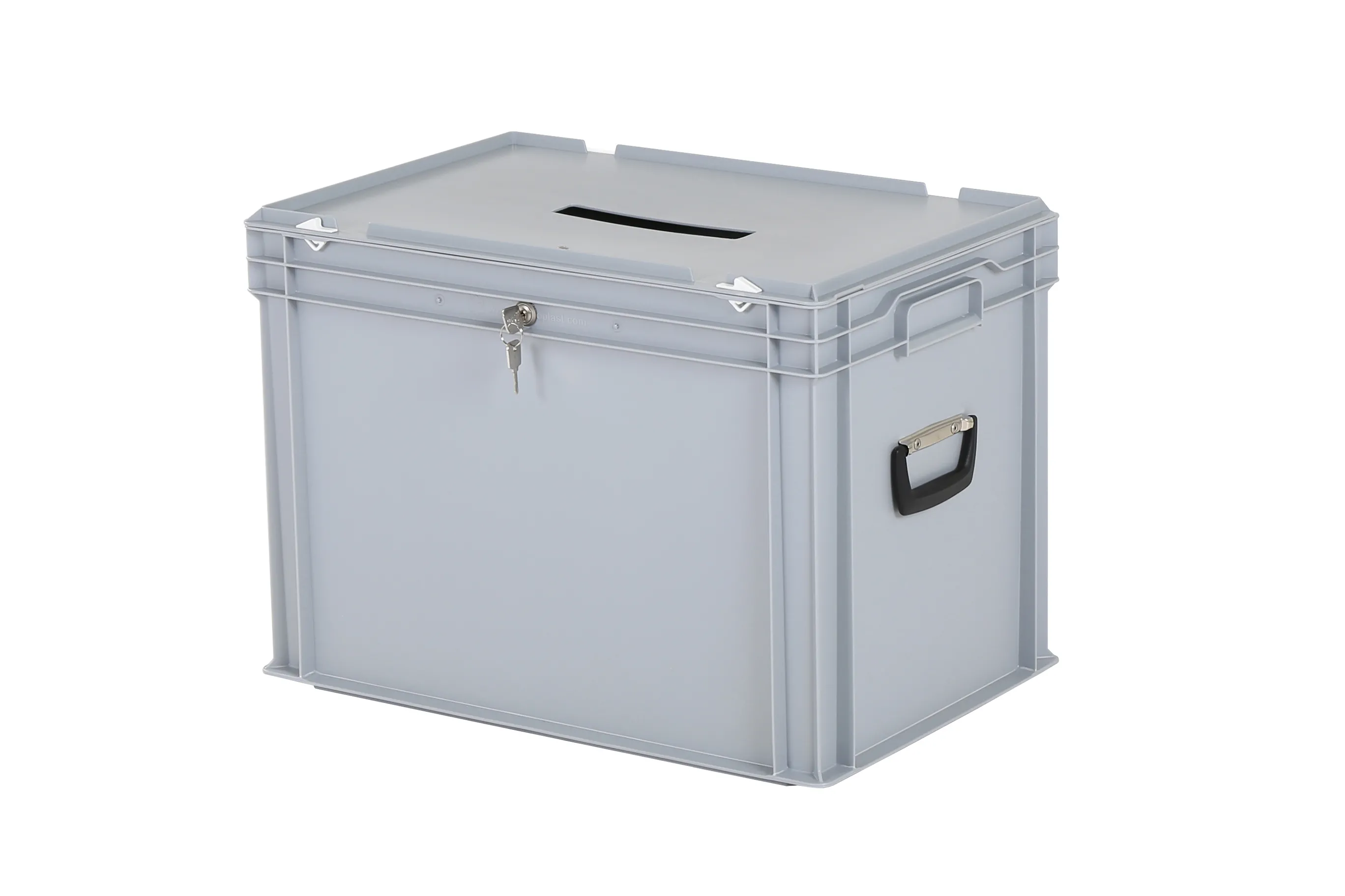 Wahlurne | Transportbox mit Einwurfschlitz und Schloss - 600 x 400 x H 439 mm - grau | Gleichschließendes Zylinderschloss 