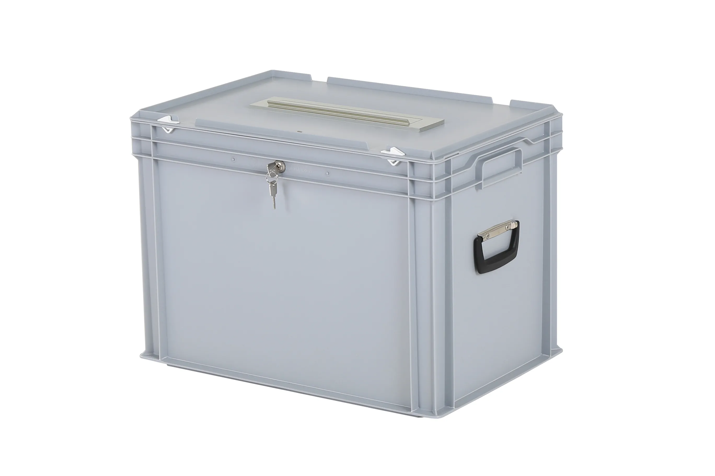 Urne électorale | Boîte de transport avec volet de boîte aux lettres et serrure - 600 x 400 x H 439 mm - gris | Serrure à cylindre à clé identique
