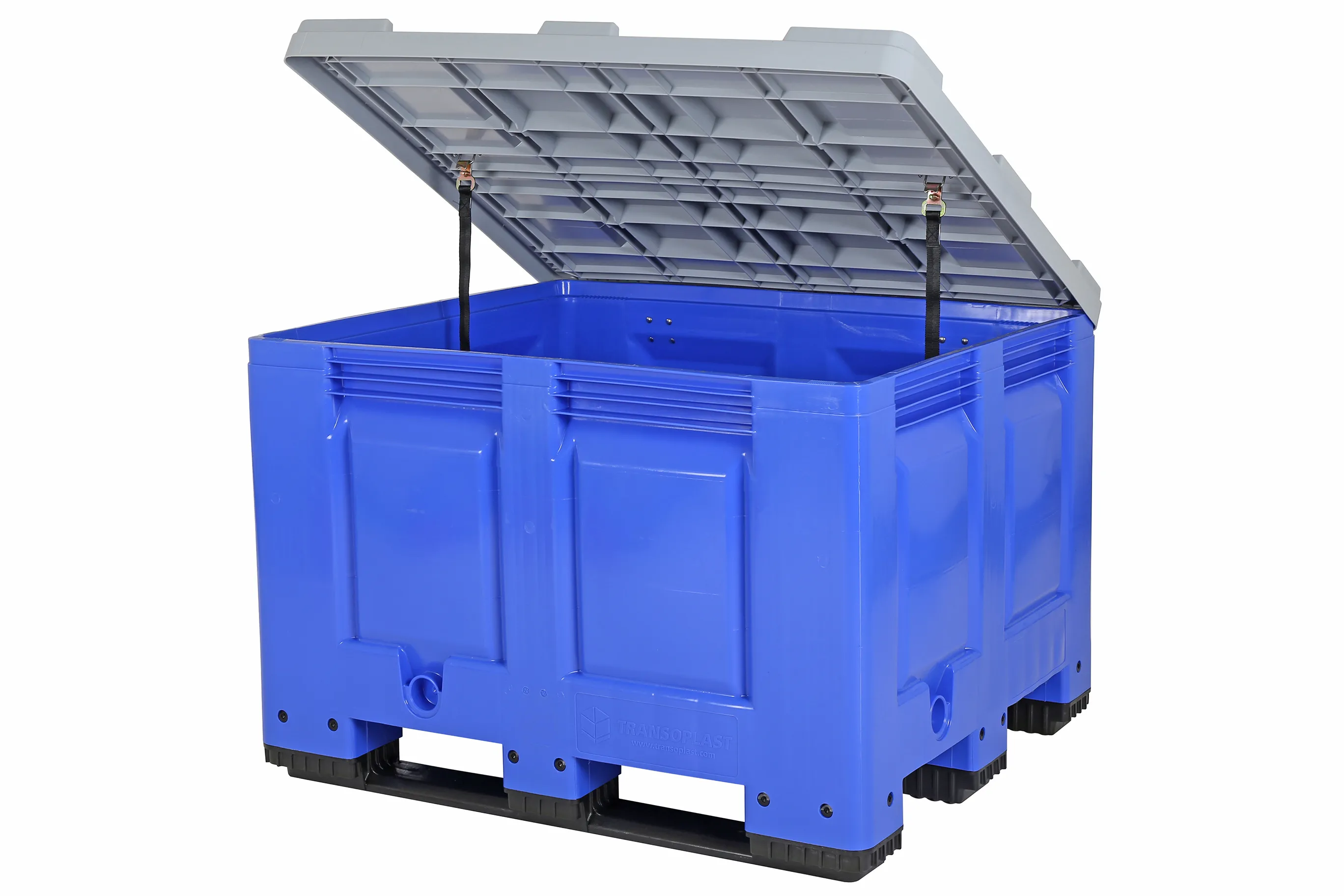 Blue plastic pallet box – 1200 x 1000 mm – with grey hinged lid – 3 ...