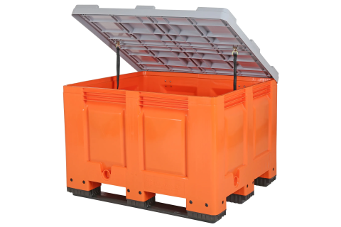 Palettenbox BIG BOX - 1200 &times; 1000 mm - mit Deckel - geschlossen - 3 Kufen - orange (Streugutbeh&auml;lter)