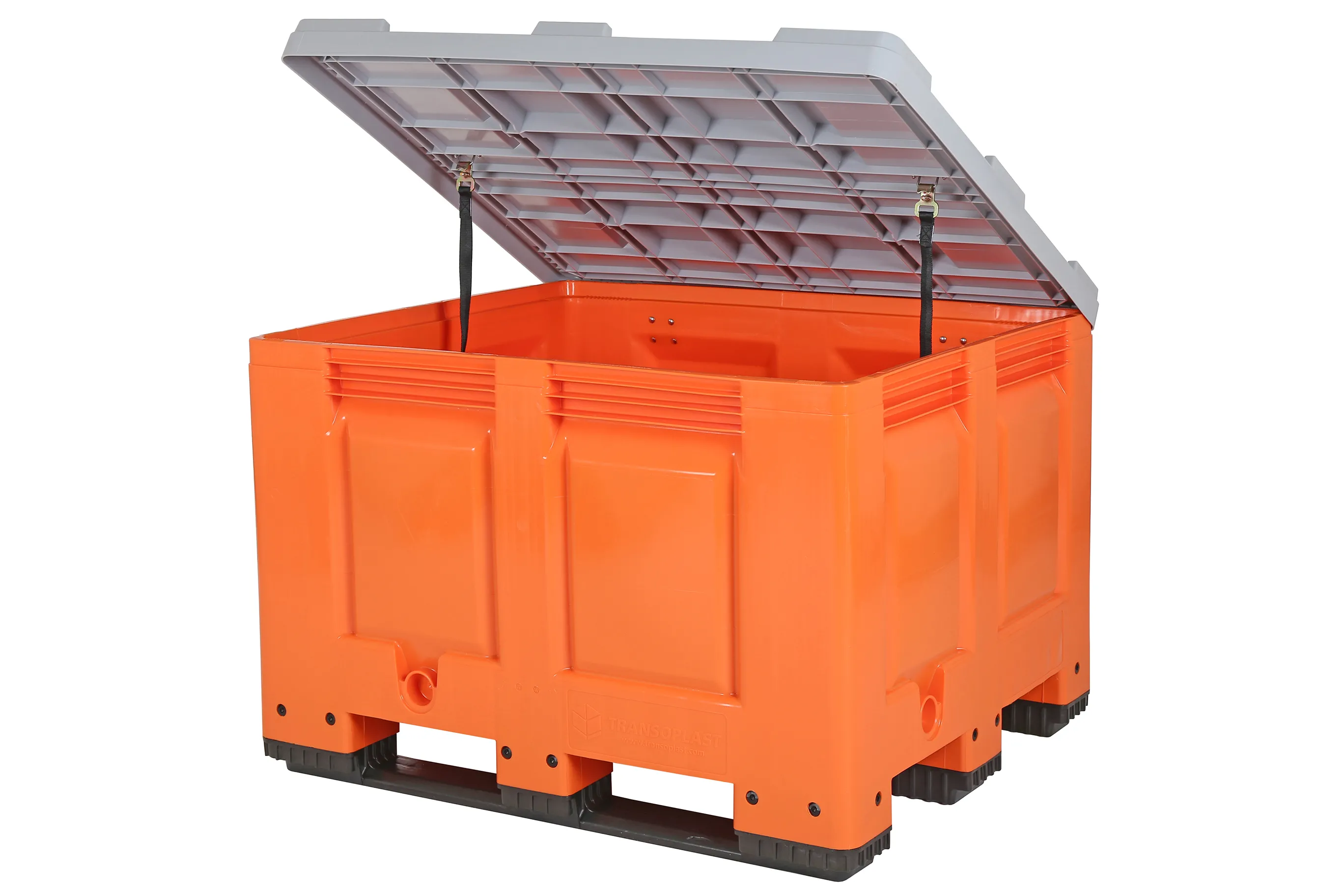 Orange plastic pallet box – 1200 x 1000 mm – with grey hinged lid – 3 ...