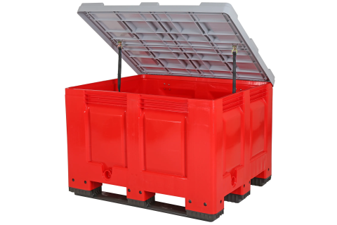 Palettenbox BIG BOX - 1200 &times; 1000 mm - mit Deckel - geschlossen - 3 Kufen - rot (Streugutbeh&auml;lter)