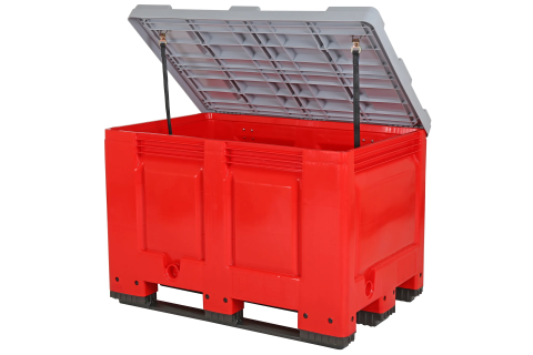 Palettenbox BIG BOX - 1200 &times; 800 mm - mit Deckel - geschlossen - 3 Kufen - rot (Streugutbeh&auml;lter)