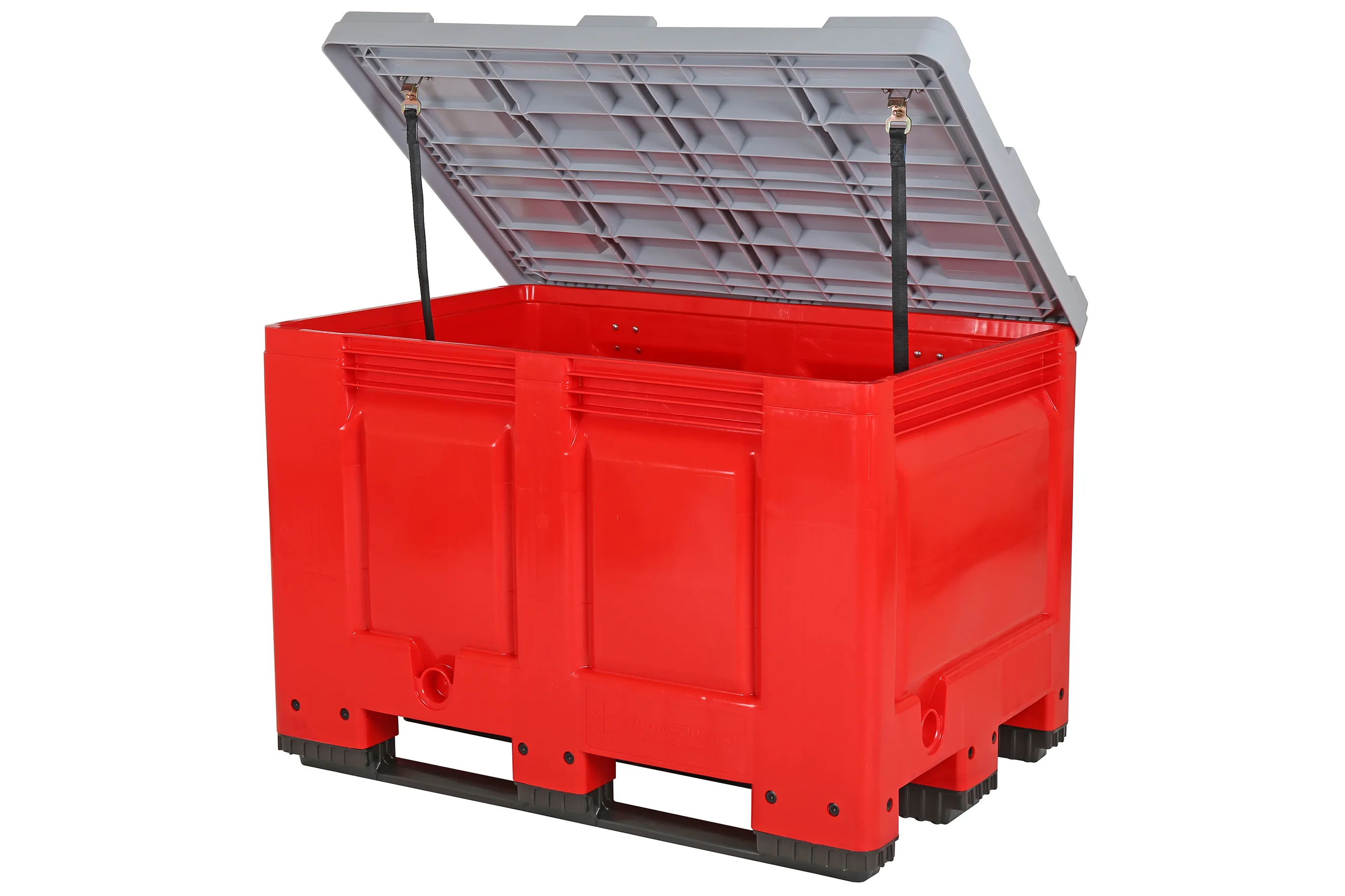 Red plastic pallet box – 1200 x 800 mm – with grey hinged lid – 3 ...