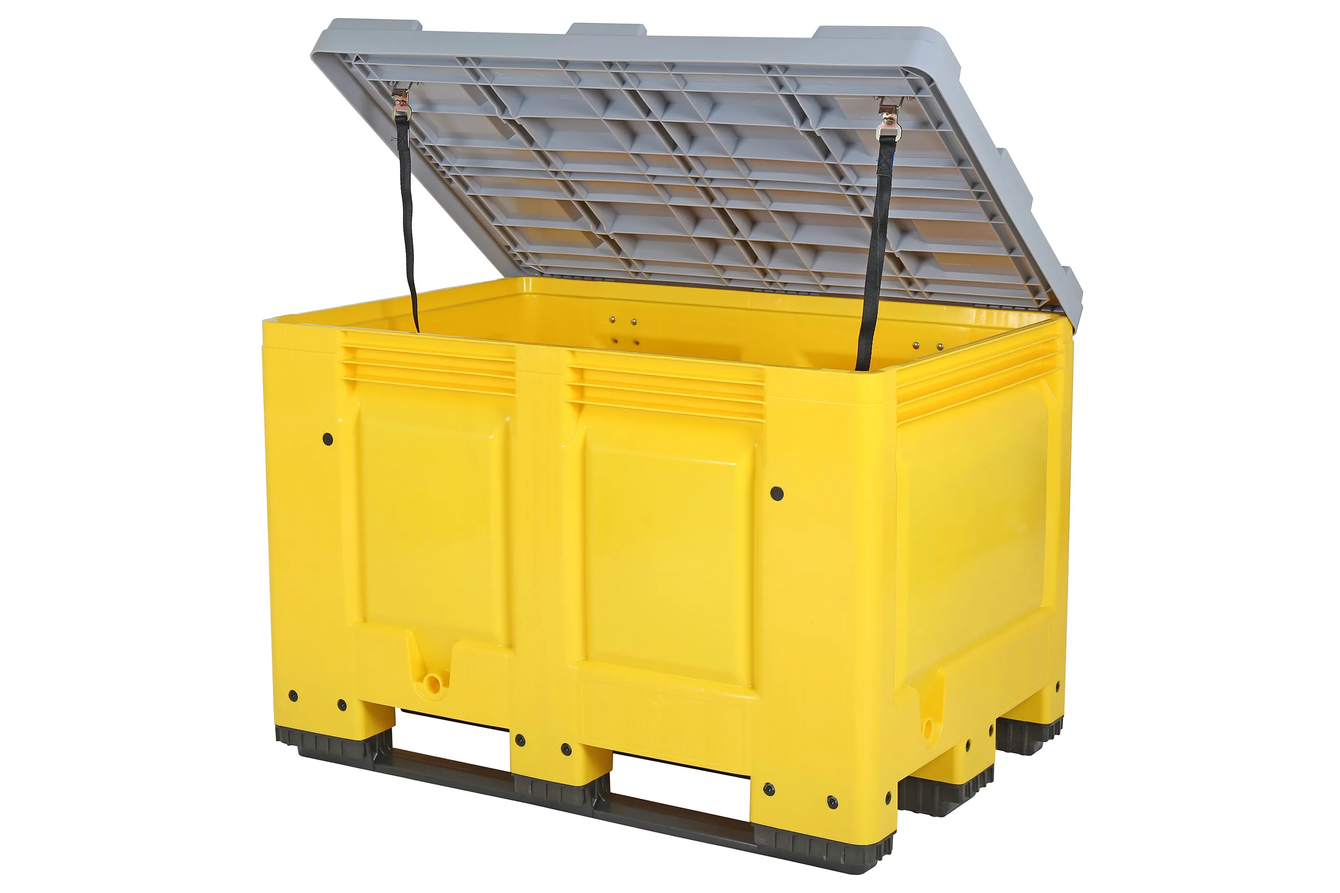 Yellow plastic pallet box – 1200 x 800 mm – with grey hinged lid – 3 ...