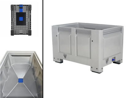 Caisse-palette BIGBOX &agrave; fond d&rsquo;entonnoir - 1200 x 800 mm - 450 litres - avec vanne &agrave; tiroir 120 mm - sur 4 pieds - empilable sur rebord - gris