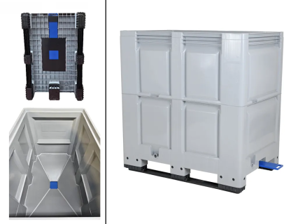 Caisse-palette BIGBOX &agrave; fond d&rsquo;entonnoir - 1200 x 800 mm - 850 litres - avec vanne &agrave; tiroir 120 mm - sur 2 semelles - empilable sur rebord - gris
