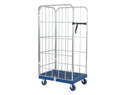 Roll container - for Euronorm - 2 side walls and 1 rear wall, galvanised - plastic base, blue