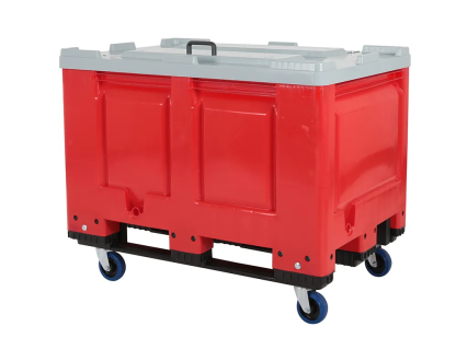 Fahrbare BIG BOX Palettenbox mit Deckel - 1200 &times; 800 mm - auf Kufen mit 4 Lenkrollen - rot