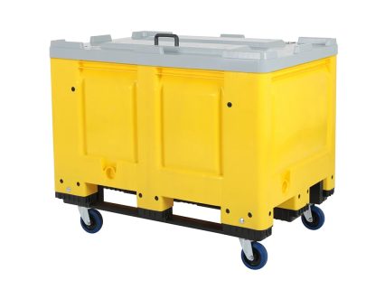 Fahrbare BIG BOX Palettenbox mit Deckel - 1200 &times; 800 mm - auf Kufen mit 4 Lenkrollen - gelb