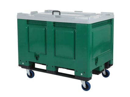 Fahrbare BIG BOX Palettenbox mit Deckel - 1200 &times; 800 mm - auf Kufen mit 4 Lenkrollen - gr&uuml;n