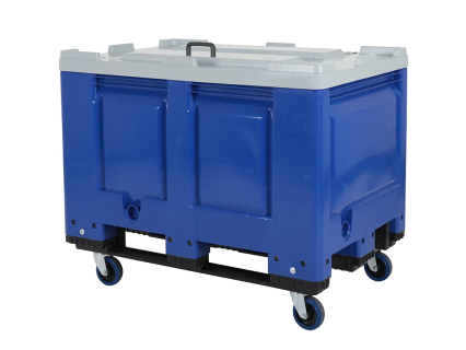 Fahrbare BIG BOX Palettenbox mit Deckel - 1200 &times; 800 mm - auf Kufen mit 4 Lenkrollen - blau
