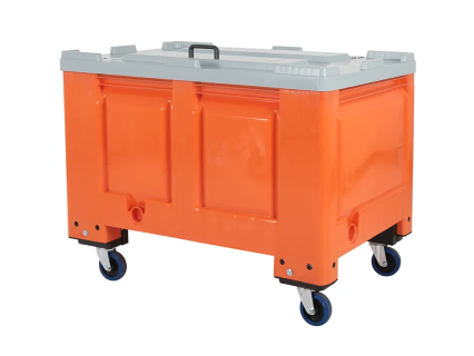 Fahrbare BIG BOX Palettenbox mit Deckel - 1200 &times; 800 mm - 4 Lenkrollen - orange