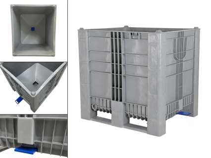 Trichterboden-Palettenbox CB3 High - 1200 x 1000 mm - 850 Liter - mit Schieberverschluss 120 mm - 2 Palettenkufen - grau