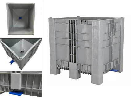 Trichterboden-Palettenbox CB3 High - 1200 x 1000 mm - 850 Liter - mit Schieberverschluss 120 mm - 7 F&uuml;&szlig;e - grau