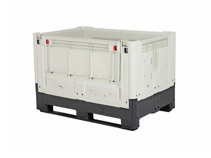 Faltbare Palettenbox Typ Smartbox 1388.C2 - geschlossen - 1200 &times; 800 mm - auf 2 Kufen - mit 1 Ladeklappe - Elfenbeinwei&szlig; / schwarz