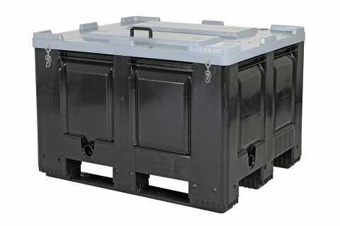 Verriegelbare BIG BOX Palettenbox - 1200 &times; 1000 mm - mit Scharnierdeckel (auch abschlie&szlig;bar) - mit 3 Palettenkufen - schwarz - (Streugutbeh&auml;lter)