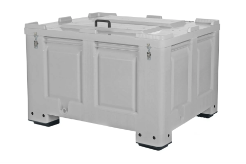 Verriegelbare BIG BOX Palettenbox - 1200 &times; 1000 mm - mit Scharnierdeckel (auch abschlie&szlig;bar) - auf 4 F&uuml;&szlig;en - (Streugutbeh&auml;lter)