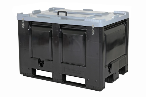 Verriegelbare BIG BOX Palettenbox - 1200 &times; 800 mm - mit Scharnierdeckel (auch abschlie&szlig;bar) - mit 3 Palettenkufen - schwarz - (Streugutbeh&auml;lter)