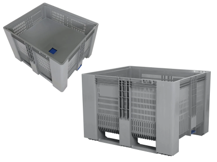 Trichterboden-Palettenbox SB3 perforiert - 1200 x 1000 mm - 500 Liter - mit Absperrschieber 120 mm - auf 2 Palettenkufen und 1 Fu&szlig; - randstapelbar - grau