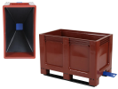 Trechterbodem palletbox GEO box - 1000 x 600 mm - 180 liter - met schuifafsluiter 120 mm - op 2 sledes - roodbruin