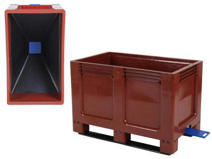 Funnel base pallet box GEO box - 1000 x 600 mm - 180 liter - with slide valve 120 mm - on 2 pallet runners - red-brown