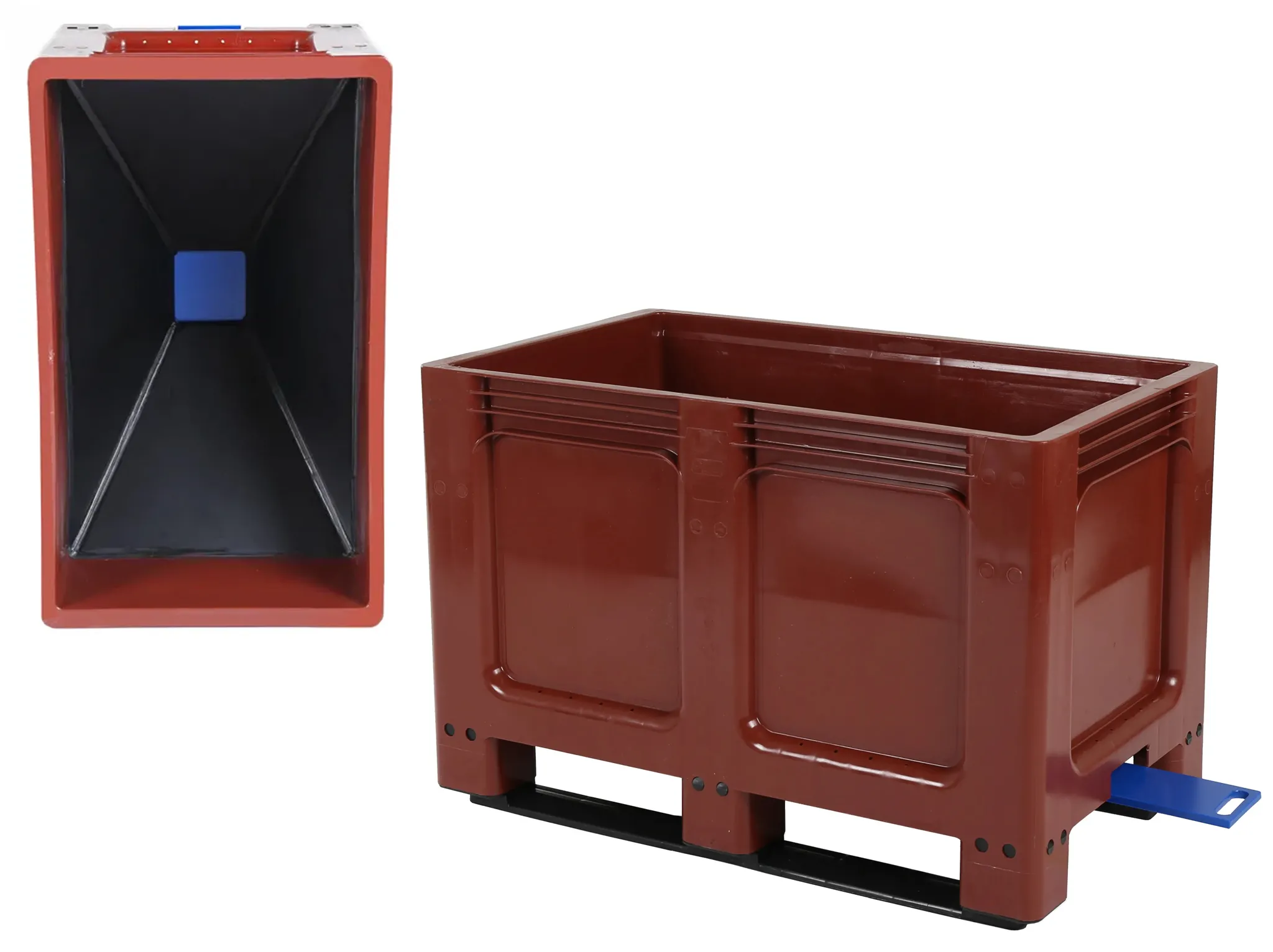 Funnel base pallet box GEO box - 1000 x 600 mm - 180 liter - with slide valve 120 mm - on 2 pallet runners - red-brown